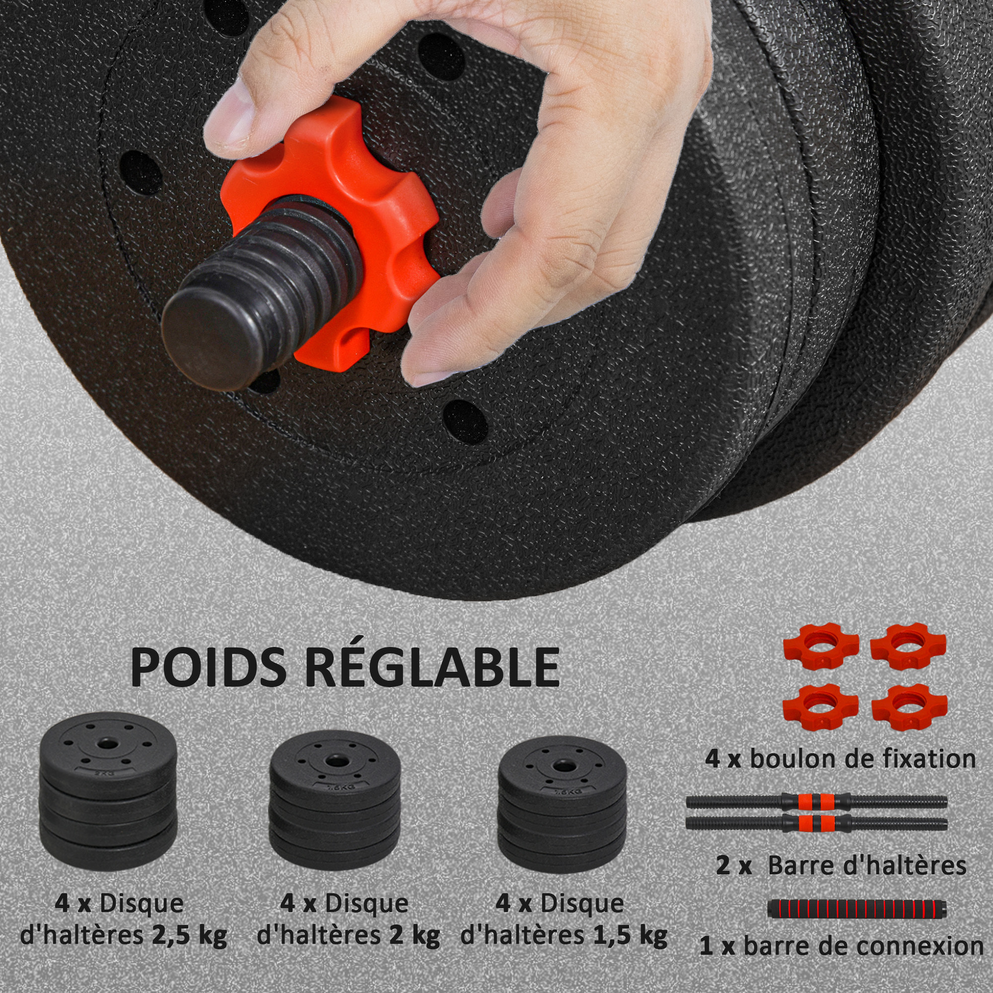 Ensemble d'haltères courtes total 20 Kg - barres incluses - entraînement musculaire & haltérophilie - acier HDPE noir rouge