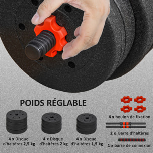Ensemble d'haltères courtes total 20 Kg - barres incluses - entraînement musculaire & haltérophilie - acier HDPE noir rouge