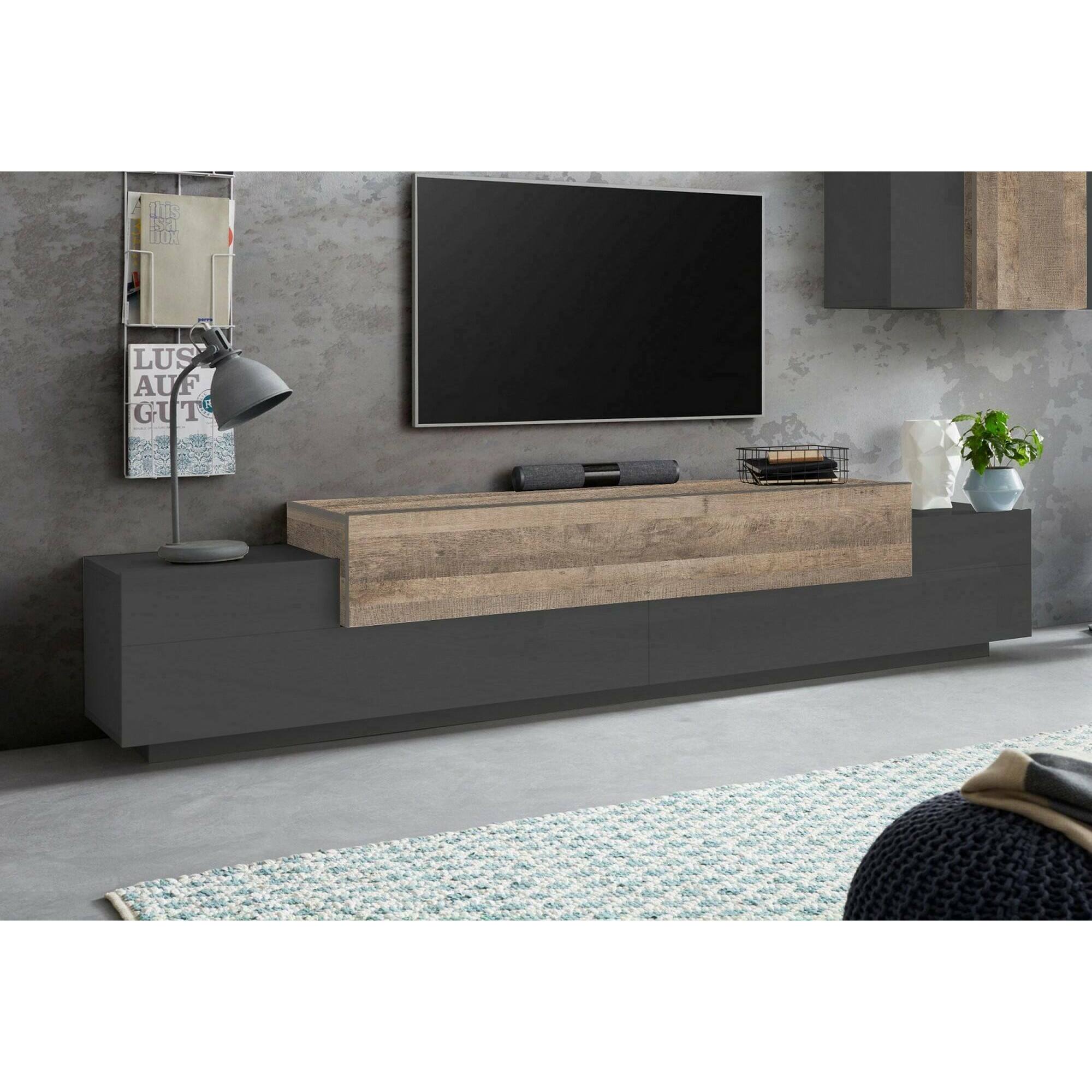 Mobile porta TV Nico, Credenza bassa da soggiorno, Base porta TV, 100% Made in Italy, cm 240x45h52, Antracite e Acero