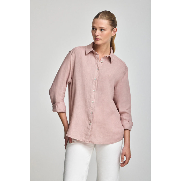 Camicia rosa taupe in lino tinta in capo con monogramma ricamato