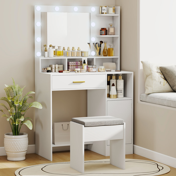 Tocador de Maquillaje con Luces LED y Taburete Tocador con Espejo 2 Colores 10 Bombillas Cajón Estantes Compartimentos Abiertos para Dormitorio Vestidor Blanco
