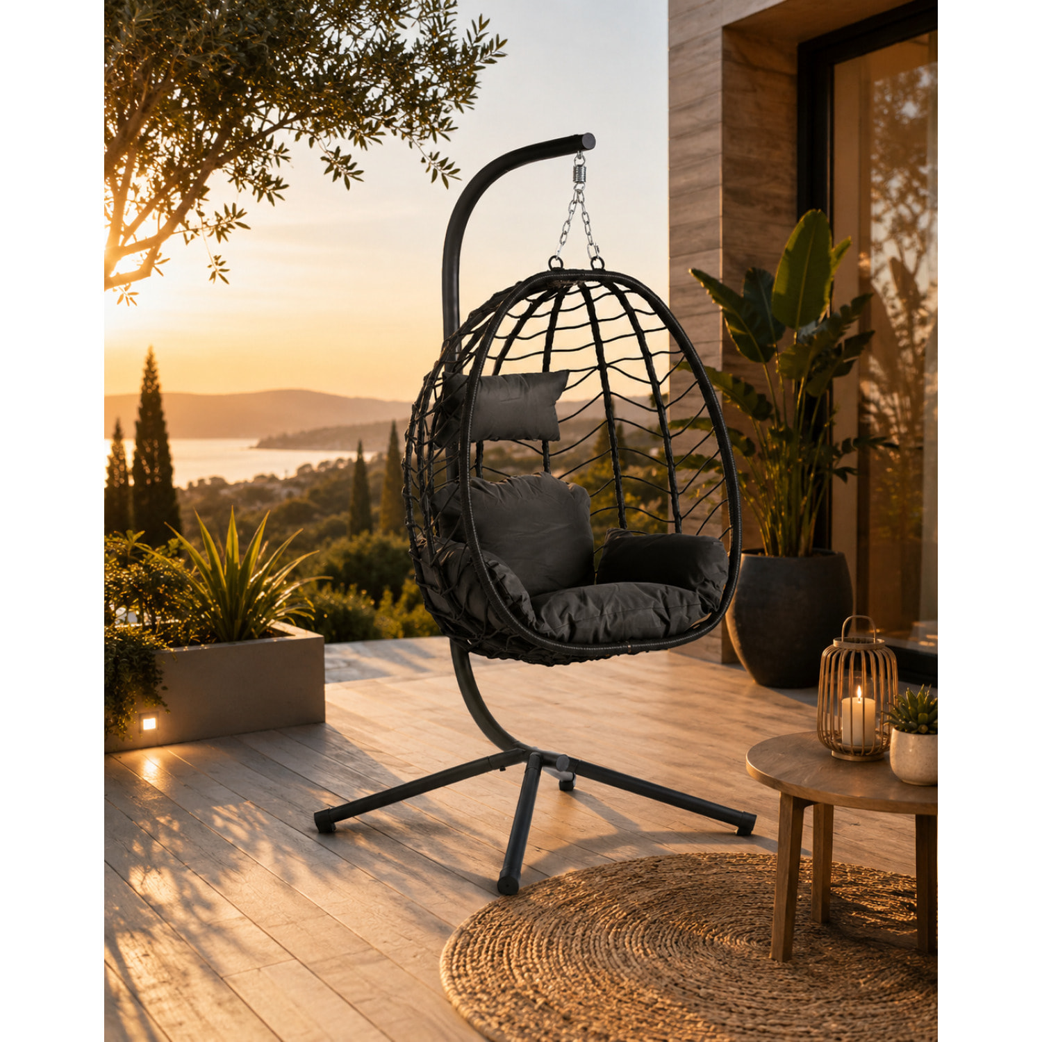 Fauteuil suspendu en résine effet rotin noir ATHENE