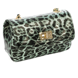 Amaro borsa a tracolla donna. Pelle autentica Suede trapuntata, stampa animale leopardata, laccato lucido.