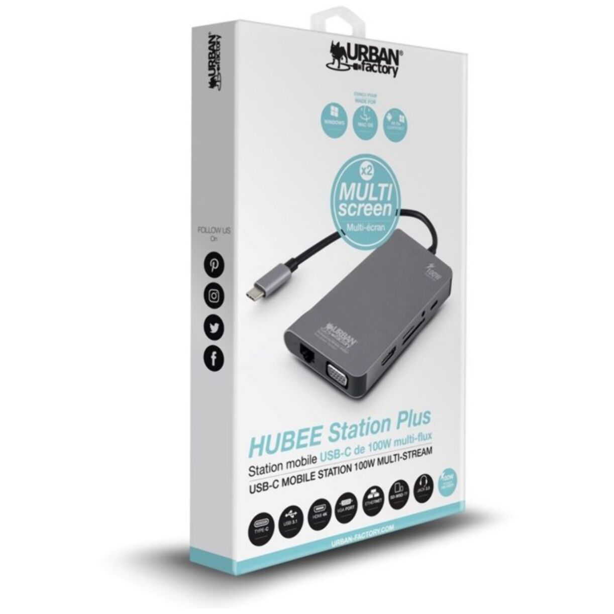 Hub USB C URBAN FACTORY USB-C/ multiports 10 en 1 power delivery
