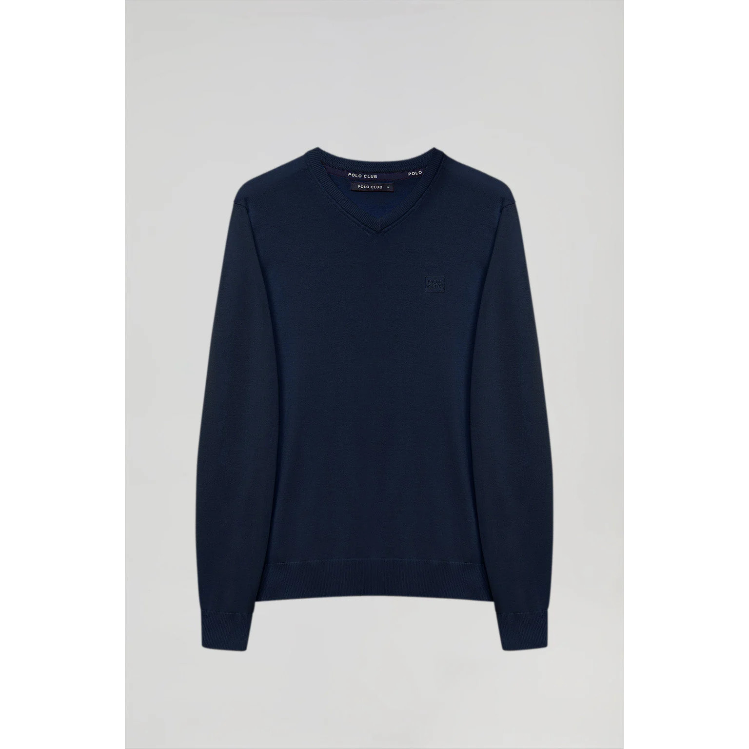 Maglione basic con collo a v blu marino con logo ricamato tono su tono