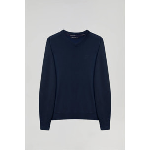 Maglione basic con collo a v blu marino con logo ricamato tono su tono