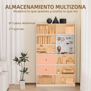 Estantería para Libros Alta y Estrecha, Librería de 6 Niveles con Panel Perforado, 2 Cajones, 8 Compartimentos Abiertos, Armario para Salón, Estudio, Oficina, 120x30x200 cm, Blanco