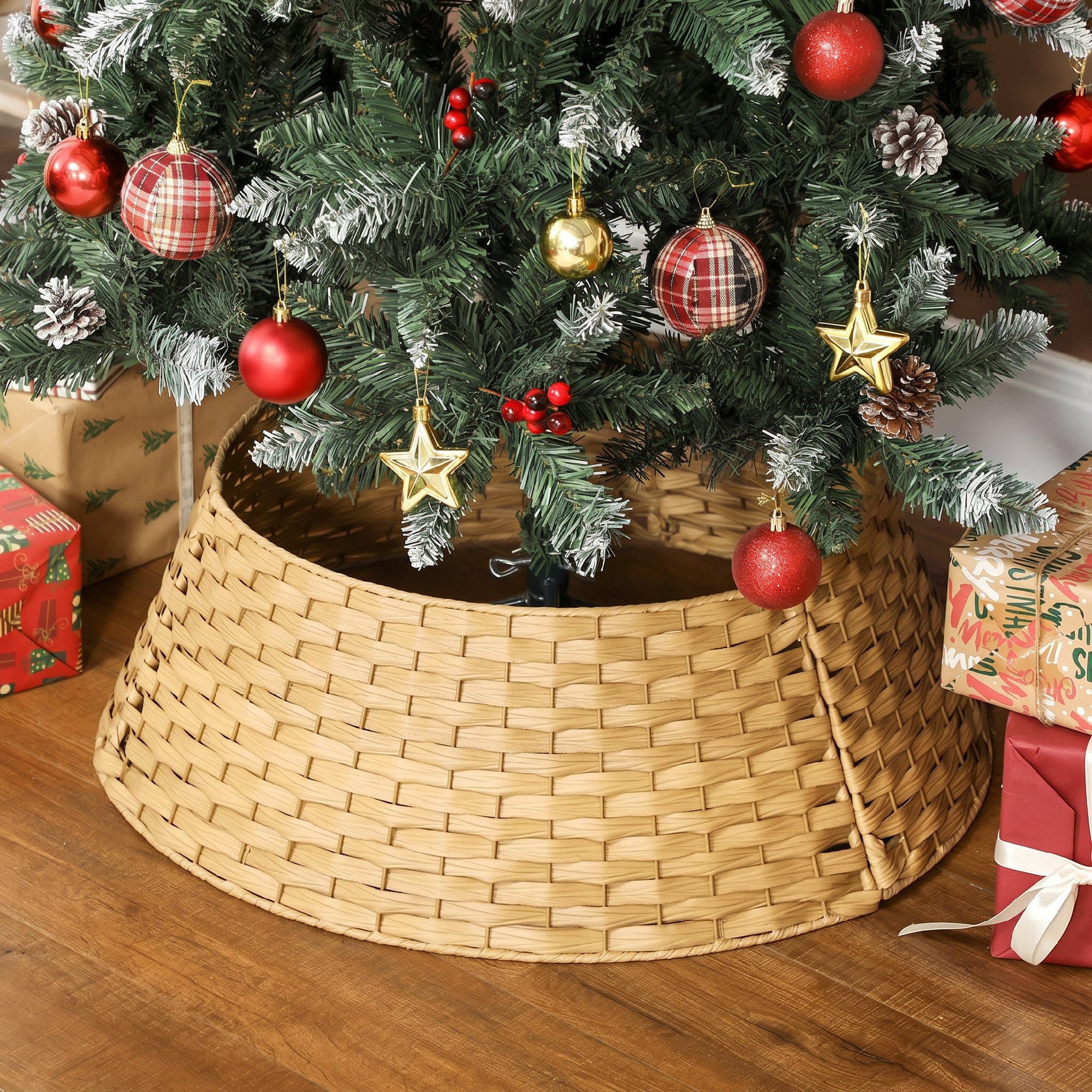 Falda para Árbol de Navidad Rústico, Diseño Tejido, Cubre Pie para Árbol de Navidad Desmontable para Fiestas, Decoración Navideña, Ø68x22 cm, Natural