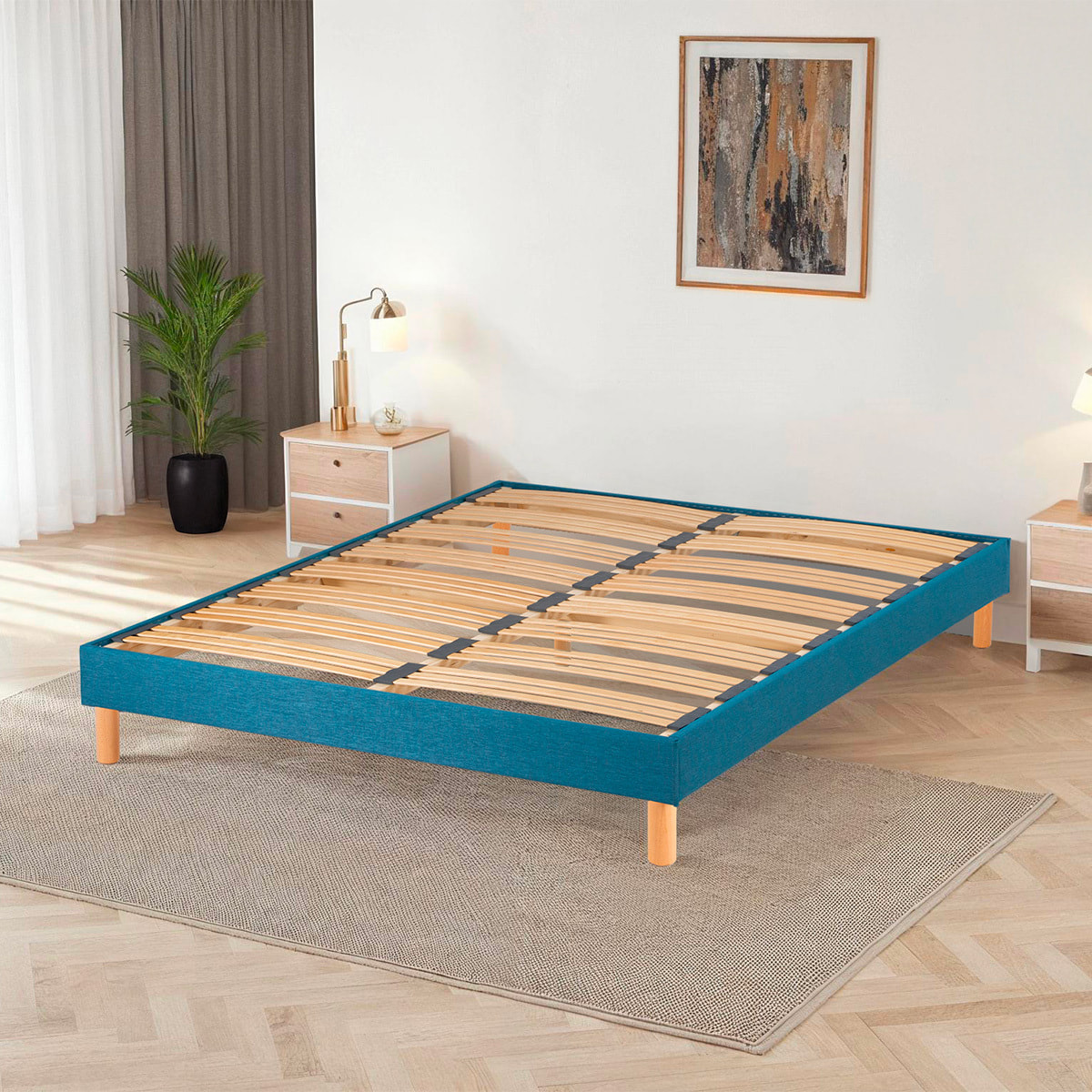 Sommier Lumière Technologie Tri-Lattes, tissu turquoise, Bois Épicéa, H30 cm, Lattes Actives, Aération Optimale