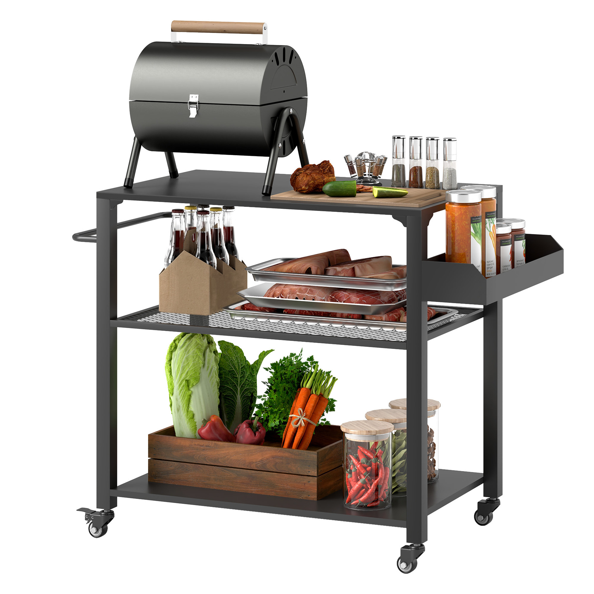 Carrito de Parrilla de 3 Niveles Carrito de Barbacoa Carrito de Servicio con 4 Ruedas Estantes y Asa Mesa de Horno de Pizza para Jardín Patio Negro