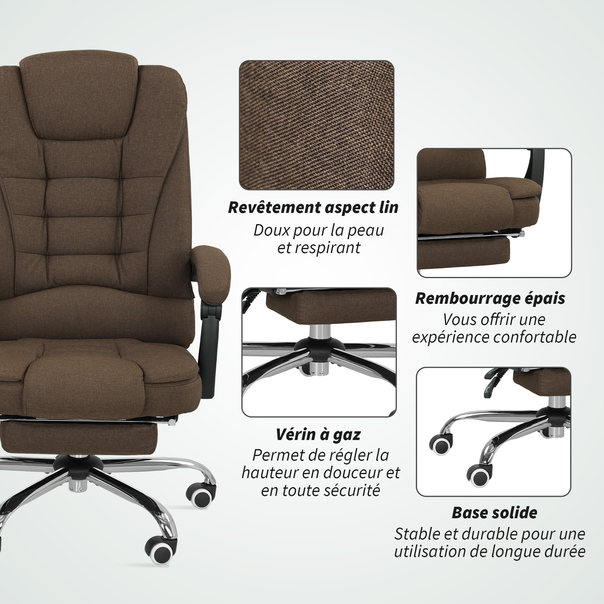 Fauteuil de bureau manager grand confort repose-pied dossier inclinable accoudoirs rembourrés lin beige