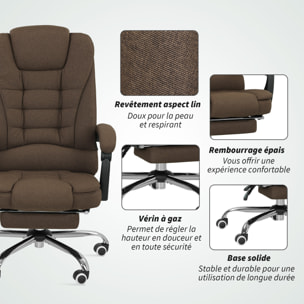 Fauteuil de bureau manager grand confort repose-pied dossier inclinable accoudoirs rembourrés lin beige