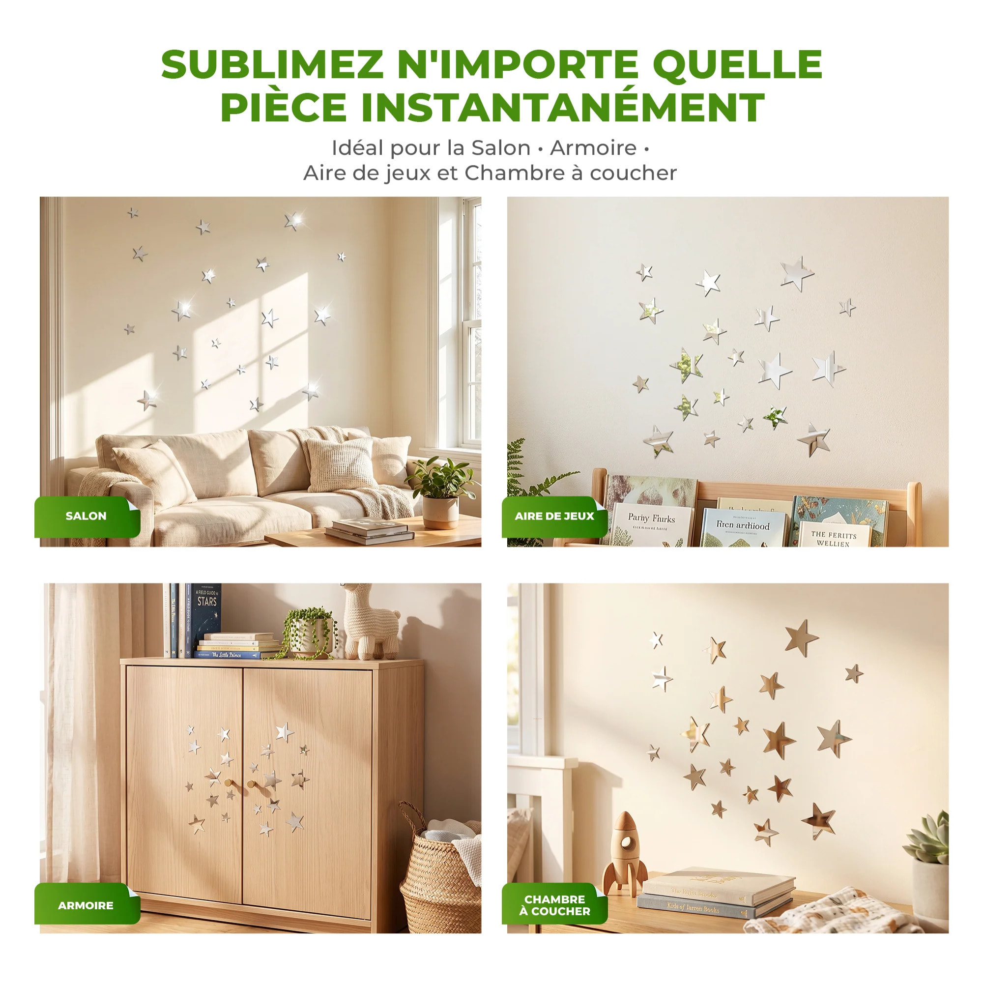 Sticker mural - Ambiance Sticker - ÉTOILES - Pack de mirroirs - Effet miroir - 10x10cm