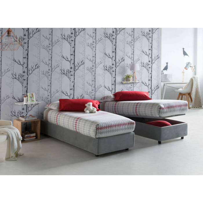 Letto singolo Addison, Letto contenitore con rivestimento in tessuto, 100% Made in Italy, Apertura frontale, con materasso Cm 90x190 incluso, Grigio