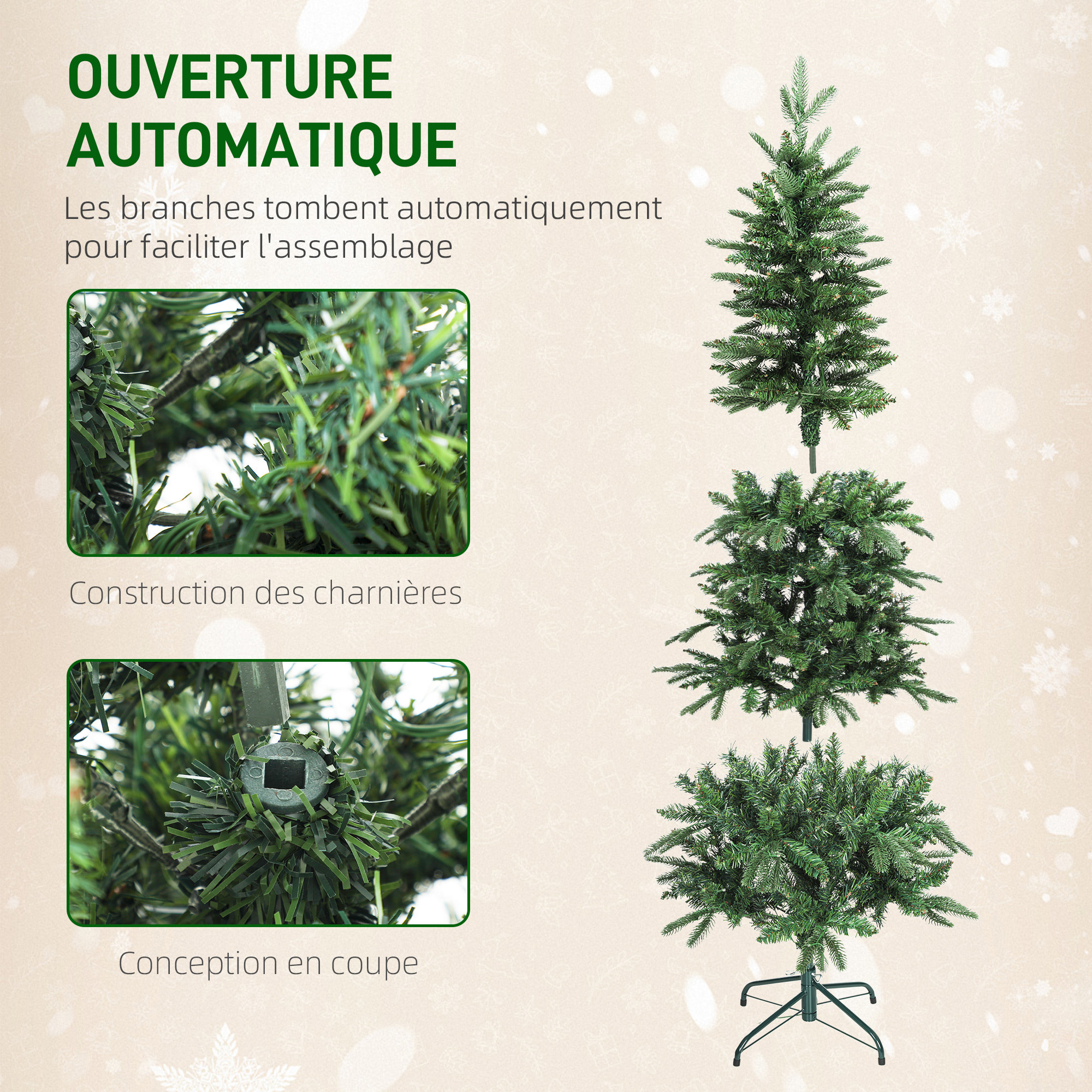 Sapin de Noël artificiel LED x 150 blanc chaud 8 modes H.150 cm 431 branches support vert