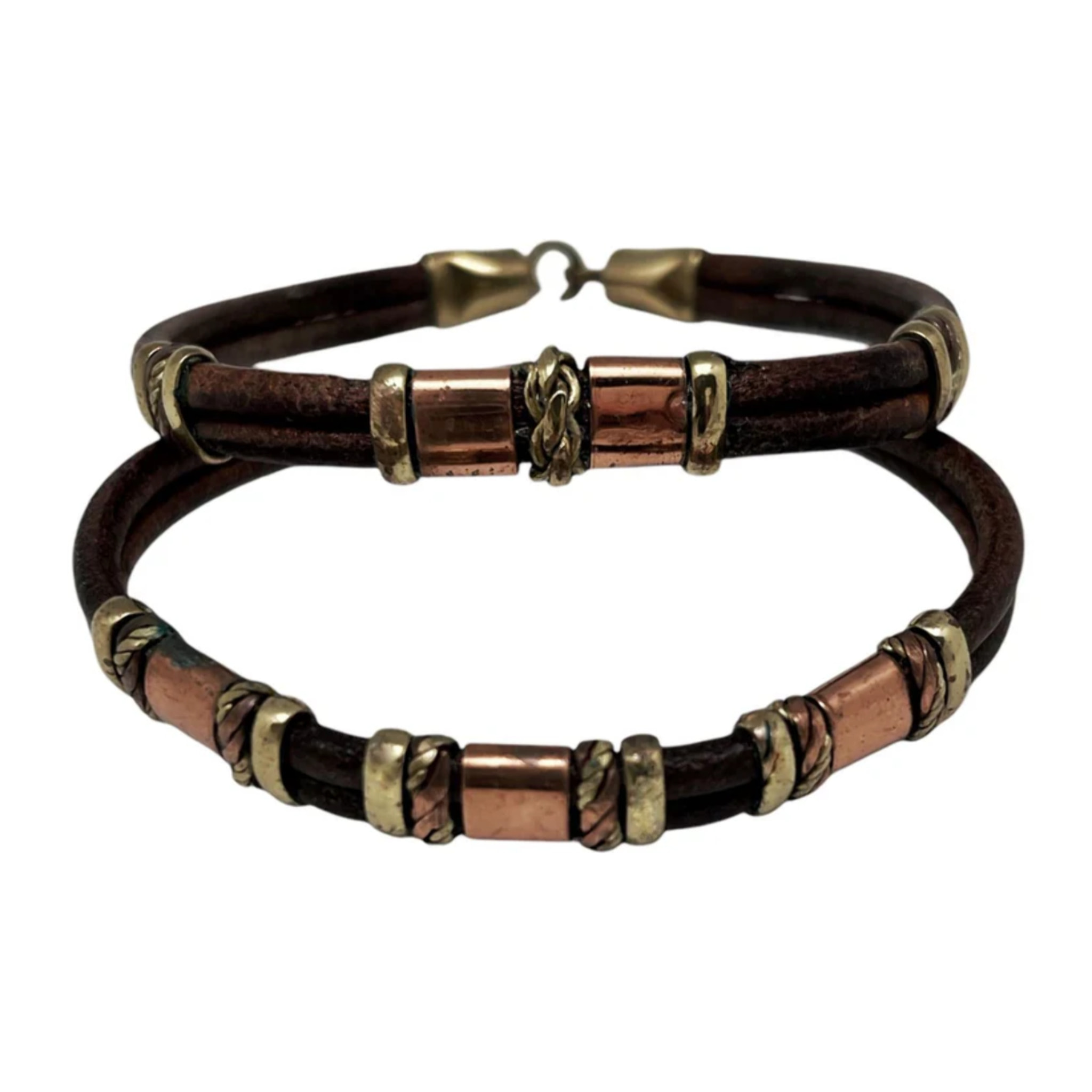 Pulsera cuero latón y cobre rizos envolventes artesanal áºnicas