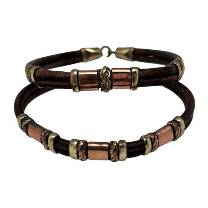 Pulsera cuero latón y cobre rizos envolventes artesanal áºnicas
