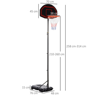 Panier de Basket-Ball sur pied avec poteau panneau - base de lestage sur roulettes - hauteur réglable 5 niveaux 2,45-2,95 m - acier HDPE noir rouge