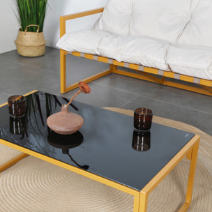 LANA Salon de jardin 6 places contemporain marron et coussins beiges
