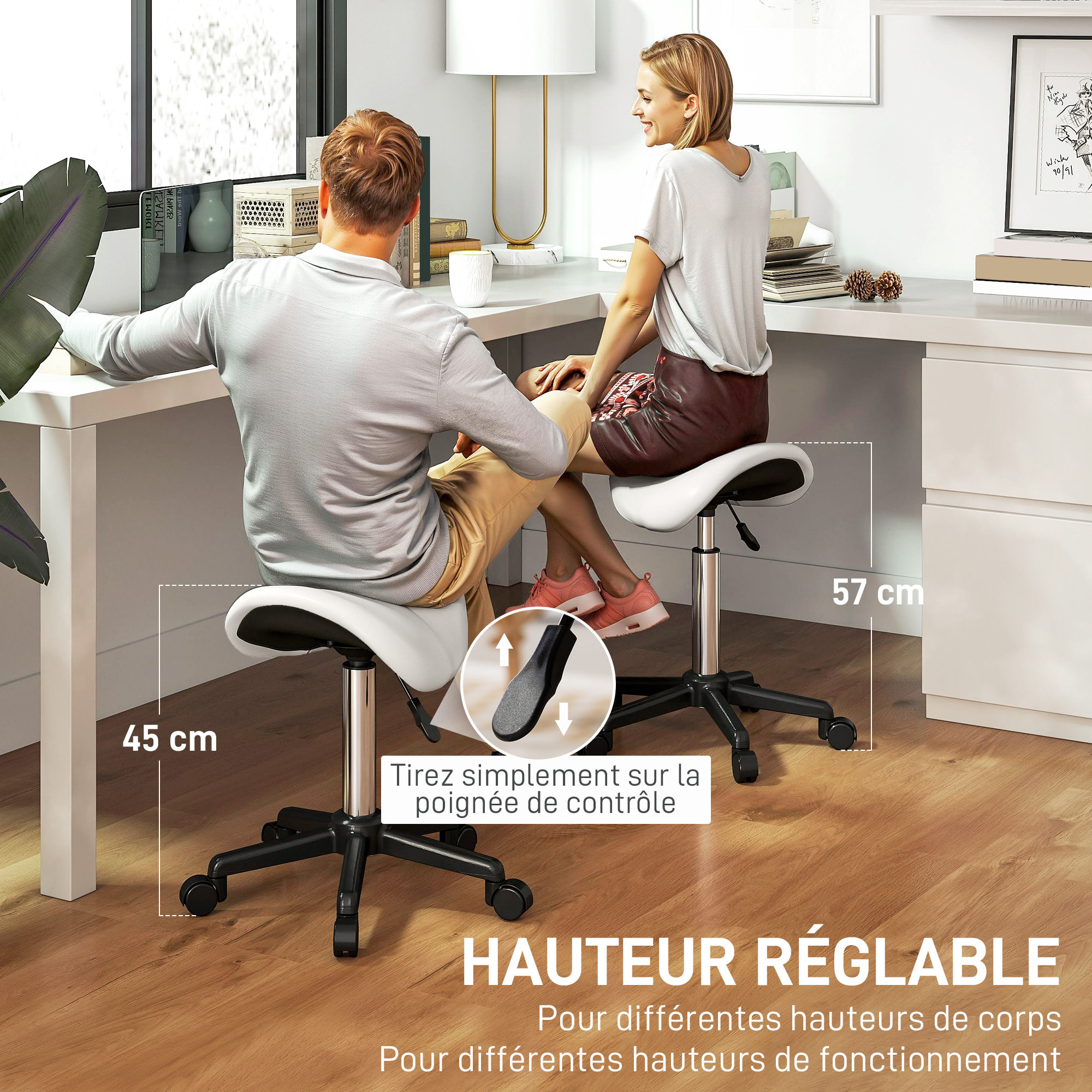 Tabouret de massage tabouret selle ergonomique pivotant 360° hauteur réglable revêtement synthétique blanc