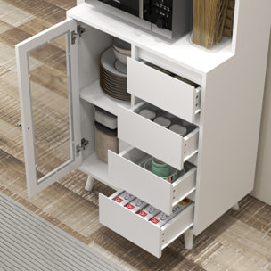 Alacena de Cocina Armario de Cocina Buffet Aparador con 2 Puertas de Vidrio Compartimentos Abiertos 4 Cajones y Estantes Ajustables 60x35x180 cm Blanco