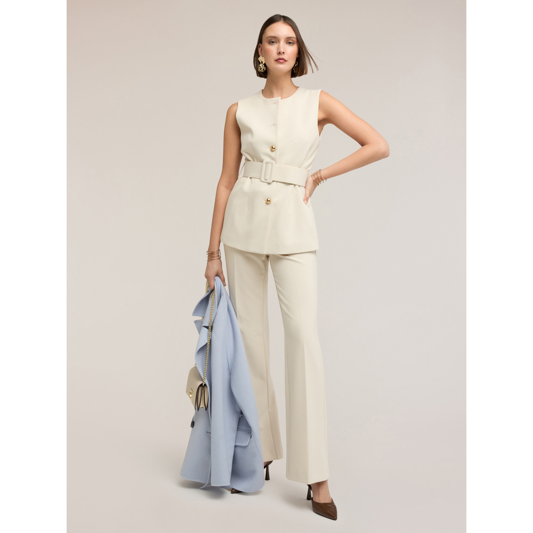 Motivi - Gilet monopetto con bottoni metallici e cintura - Beige