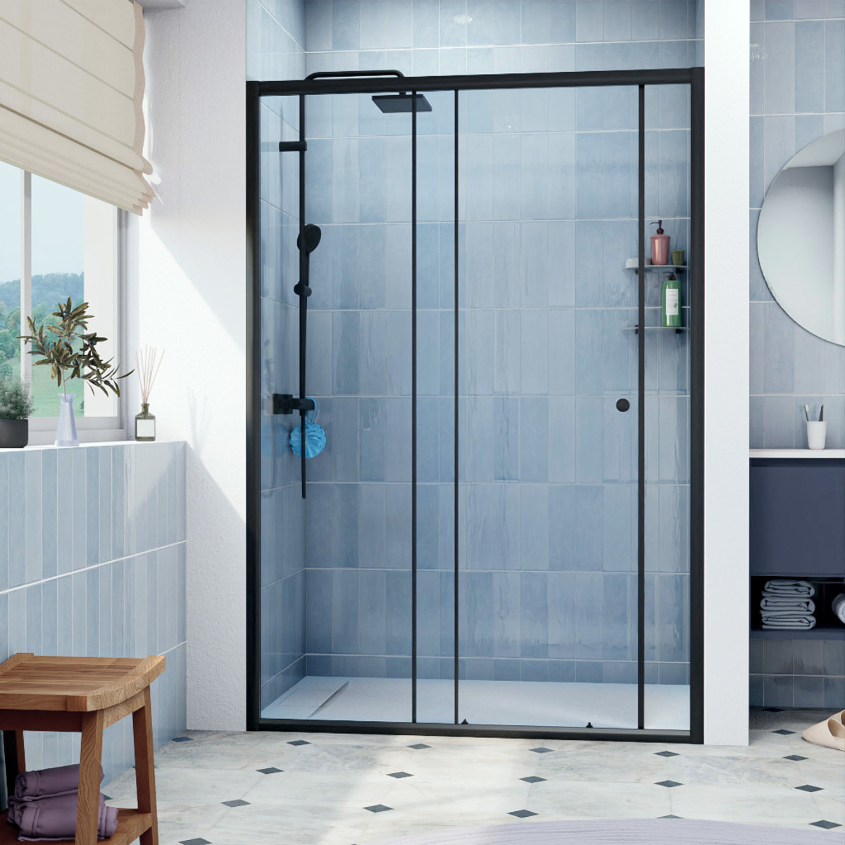 SAT PROJECT  Porte de douche 140x185cm coulissante avec profilé noir mat (SATPROMUD140CT)