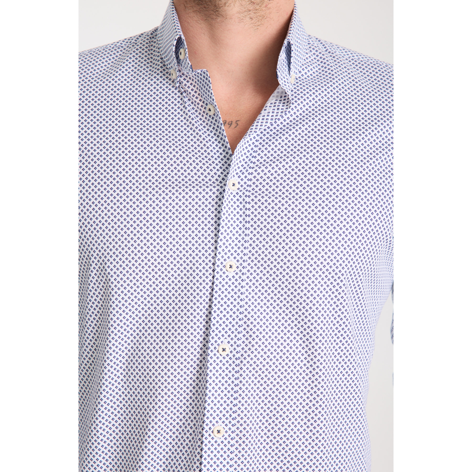 camicia uomo 1 bottone button down slim Popeline Stretch Stampato Bianco e Blu