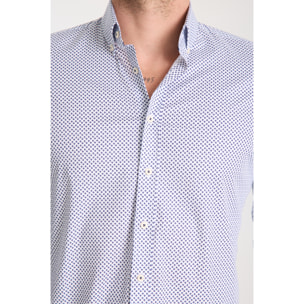 camicia uomo 1 bottone button down slim Popeline Stretch Stampato Bianco e Blu