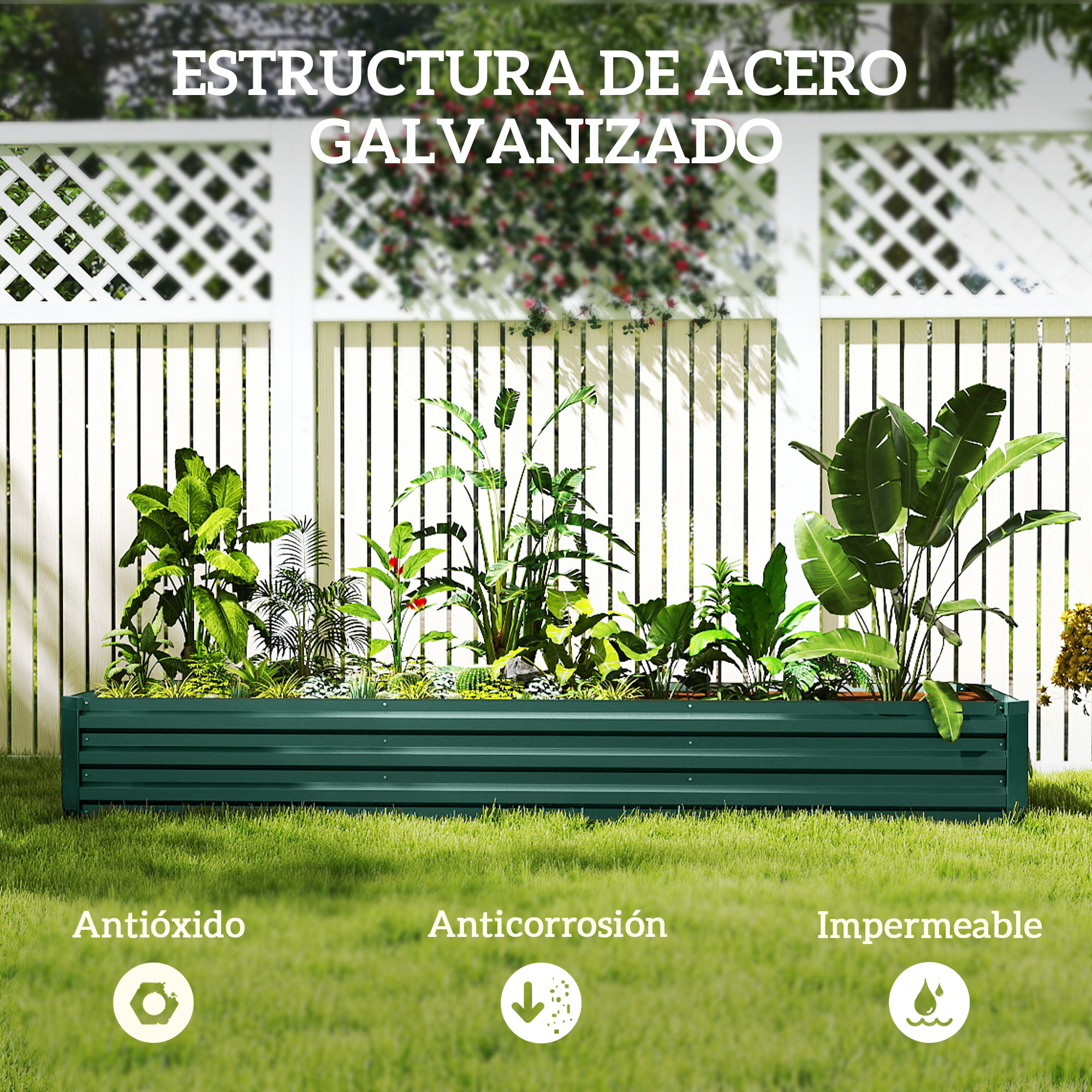 Jardinera Exterior Grande Rectangular de Acero Galvanizado, Huerto Urbano para Cultivar Plantas Hierba, Macetero Grande Exterior con Base Abierta Resistente a la Intemperie 240x60x30 cm Verde