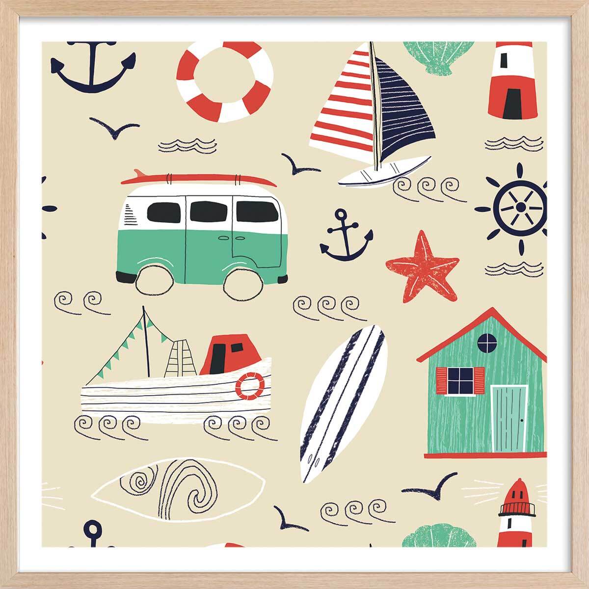 Affiche enfant vacances à la mer Affiche + cadre en bois - Chêne