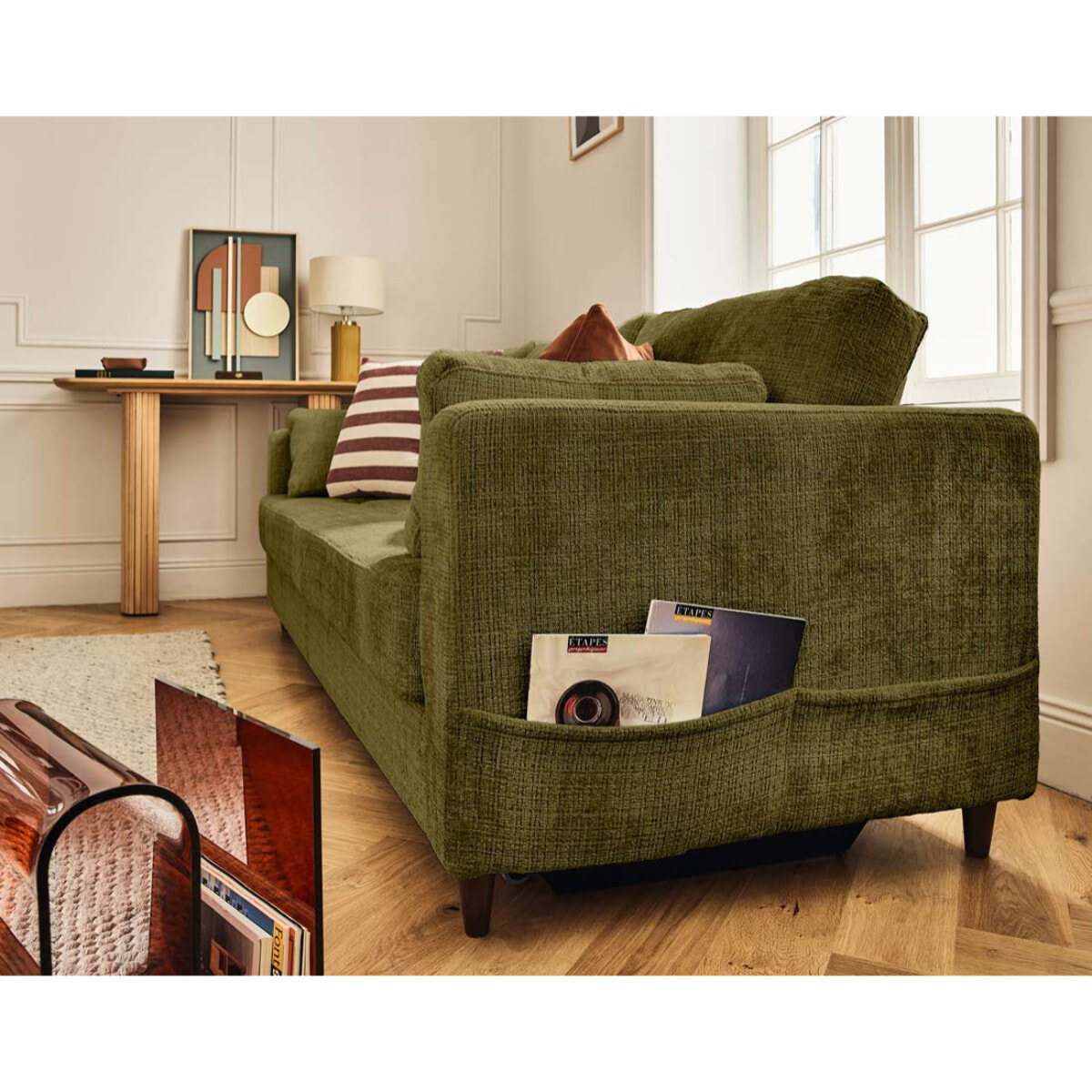 Anna - canapé droit 3 places convertible avec poche en velours texturé - Vert Olive