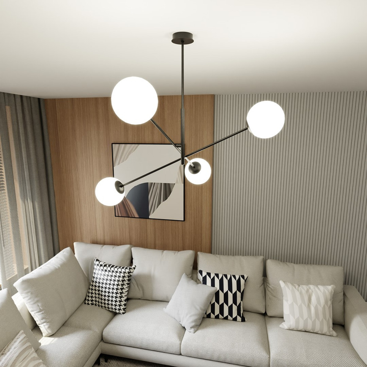 Lampada a sospensione LINEAR in acciaio nero e vetro opalino