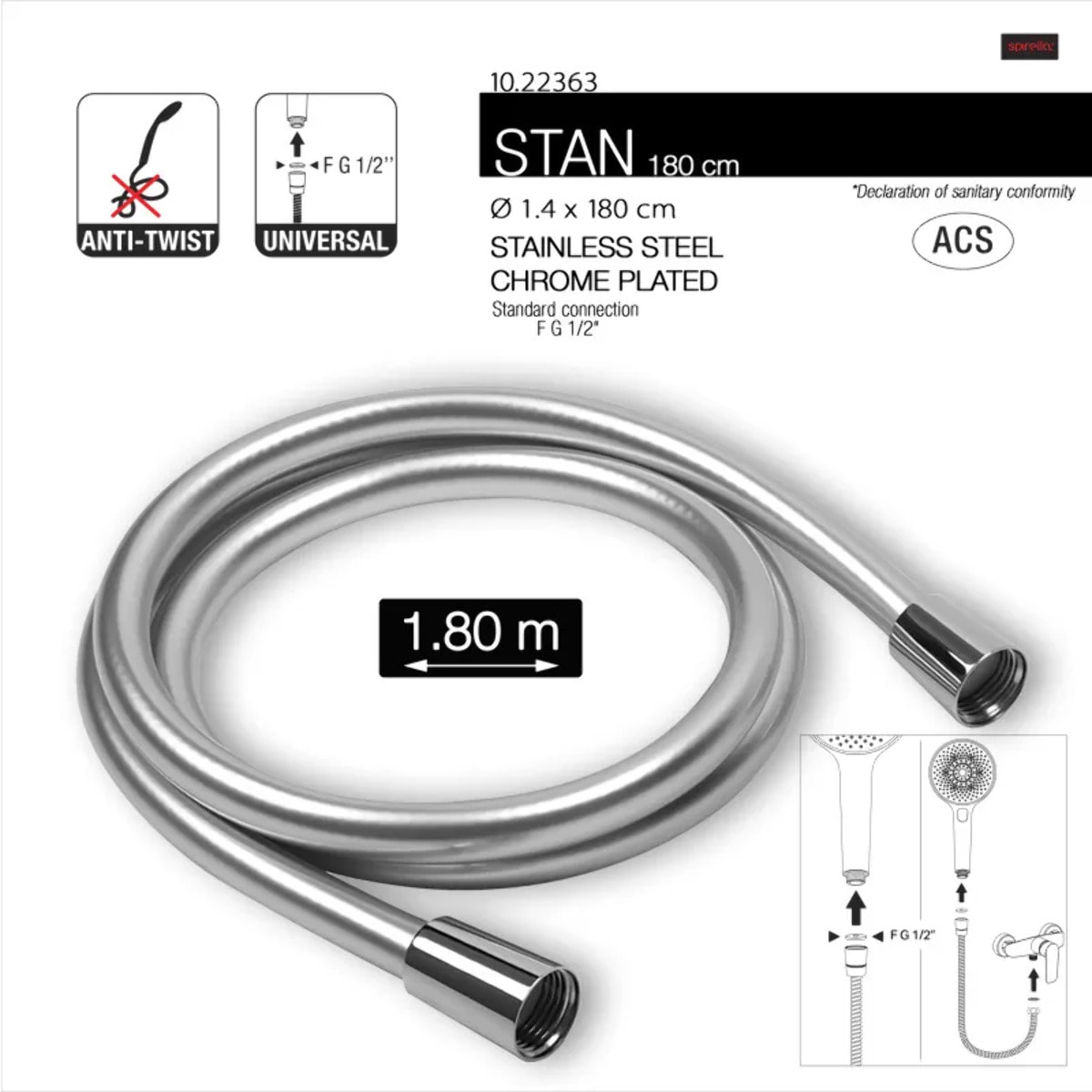 Flexible de douche PVC anti-torsion – 1,80 m – Connexion universelle F 1/2 – ACS