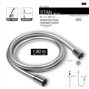 Flexible de douche PVC anti-torsion – 1,80 m – Connexion universelle F 1/2 – ACS