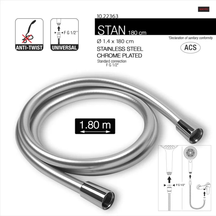 Flexible de douche PVC anti-torsion – 1,80 m – Connexion universelle F 1/2 – ACS