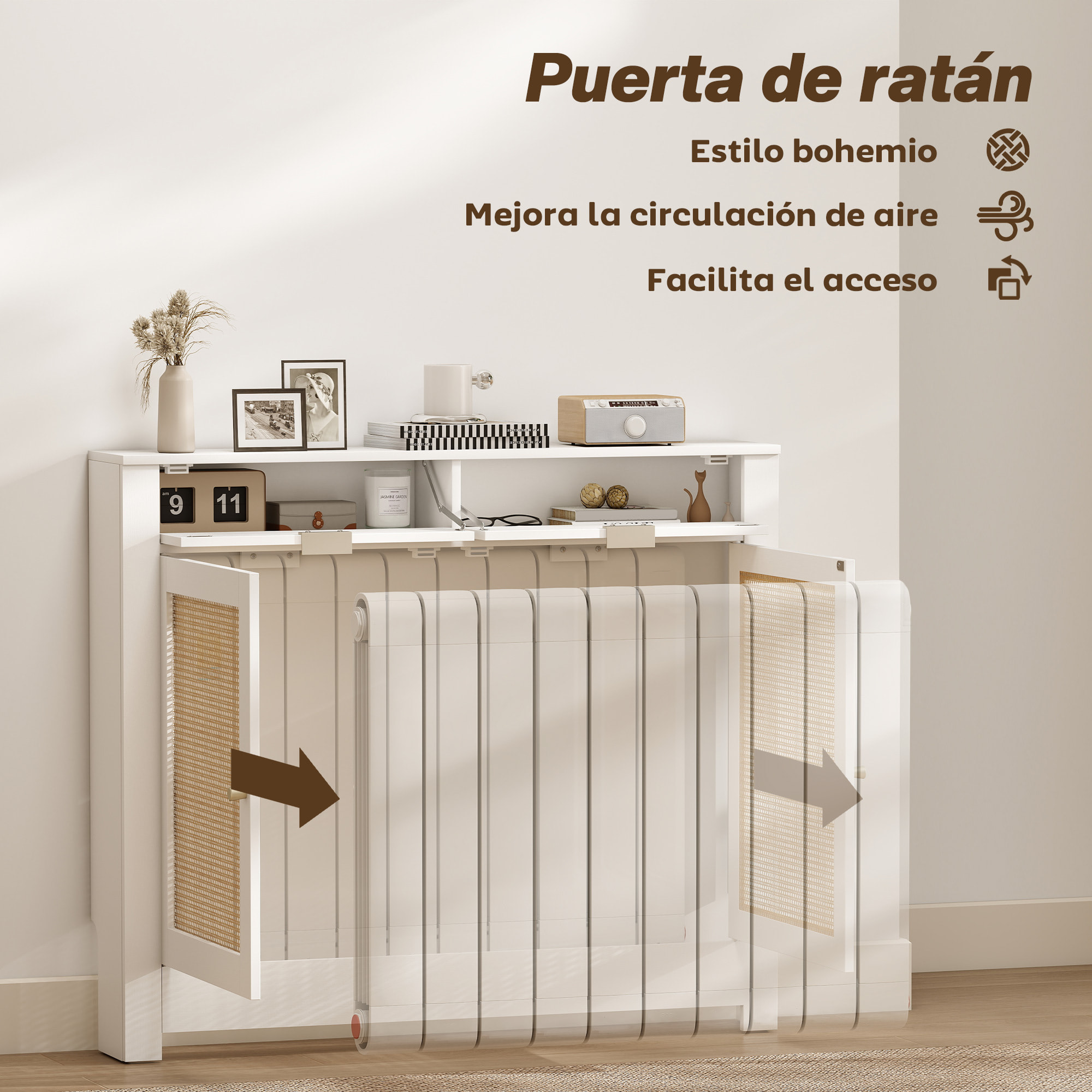 Cubre Radiadores con Puertas Abatibles y Ratán, Cubreradiador de MDF, 111x19x95,5 cm, Cubierta para Radiador, 2 Compartimentos, Diseño Bohemio, para Salón, Dormitorio, Blanco
