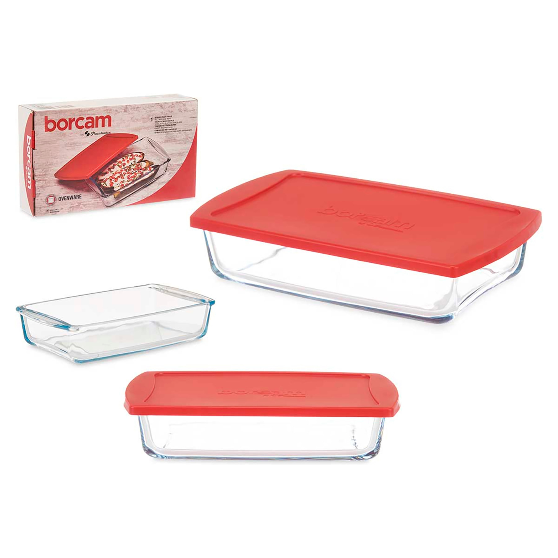 Pacco di 4 vassoi rettangolari con coperchio rosso 1320ml