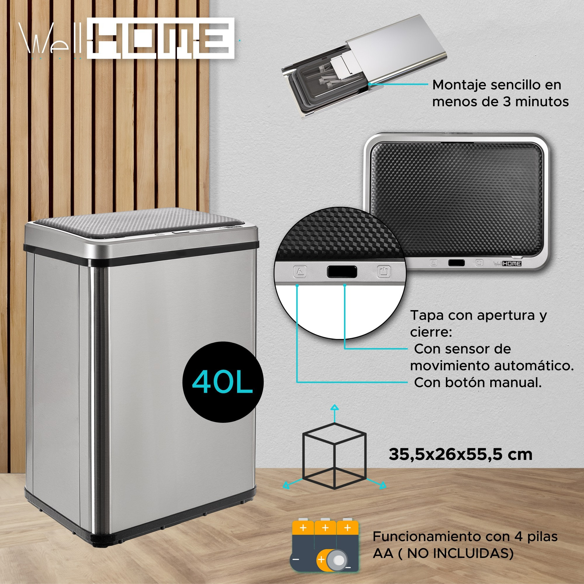 Well home - cubo de basura inteligente sin patas con apertura automática o contacto manual, 40l, alto: 55,5 (x35,5x26), gris.