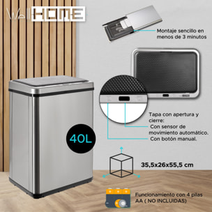 Well home - cubo de basura inteligente sin patas con apertura automática o contacto manual, 40l, alto: 55,5 (x35,5x26), gris.