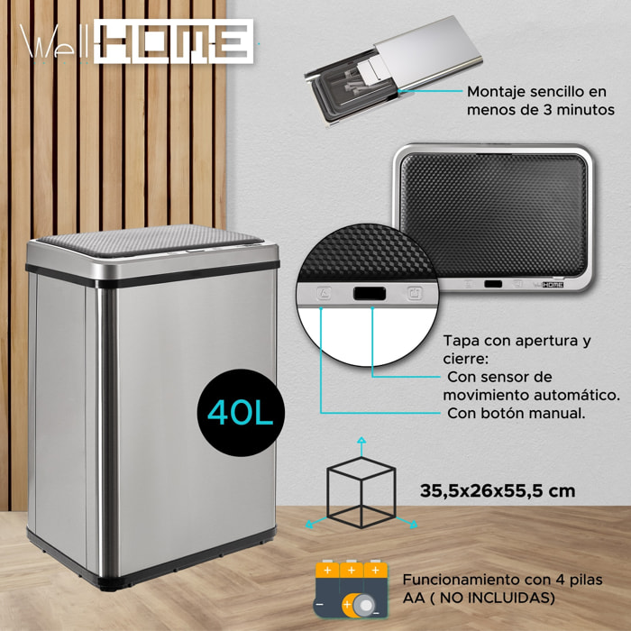 Well home - cubo de basura inteligente sin patas con apertura automática o contacto manual, 40l, alto: 55,5 (x35,5x26), gris.