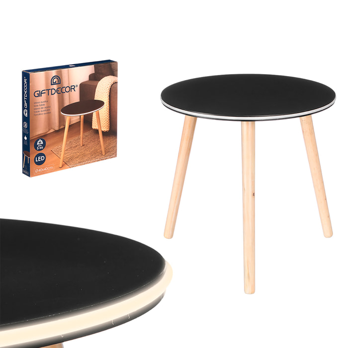 Mesa auxiliar negra con borde LED y 40cm de diámetro.