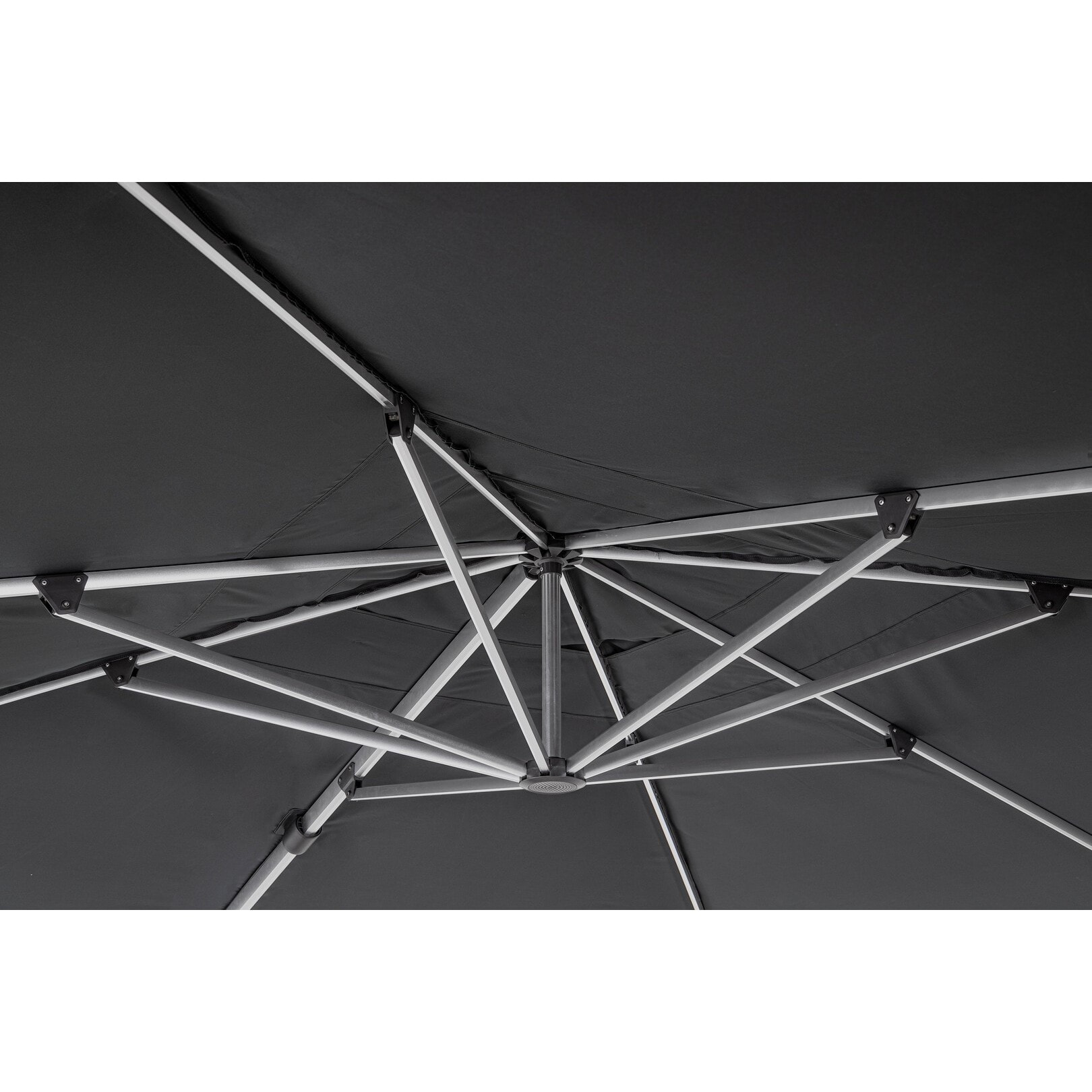 Ombrellone a sospensione ARIES con palo in alluminio anodizzato e telo grigio scuro 4x4