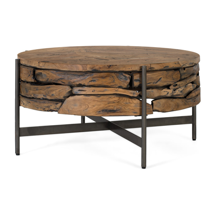Table Basse en Bois de Teck 84 cm Style Rustique Chic Industriel