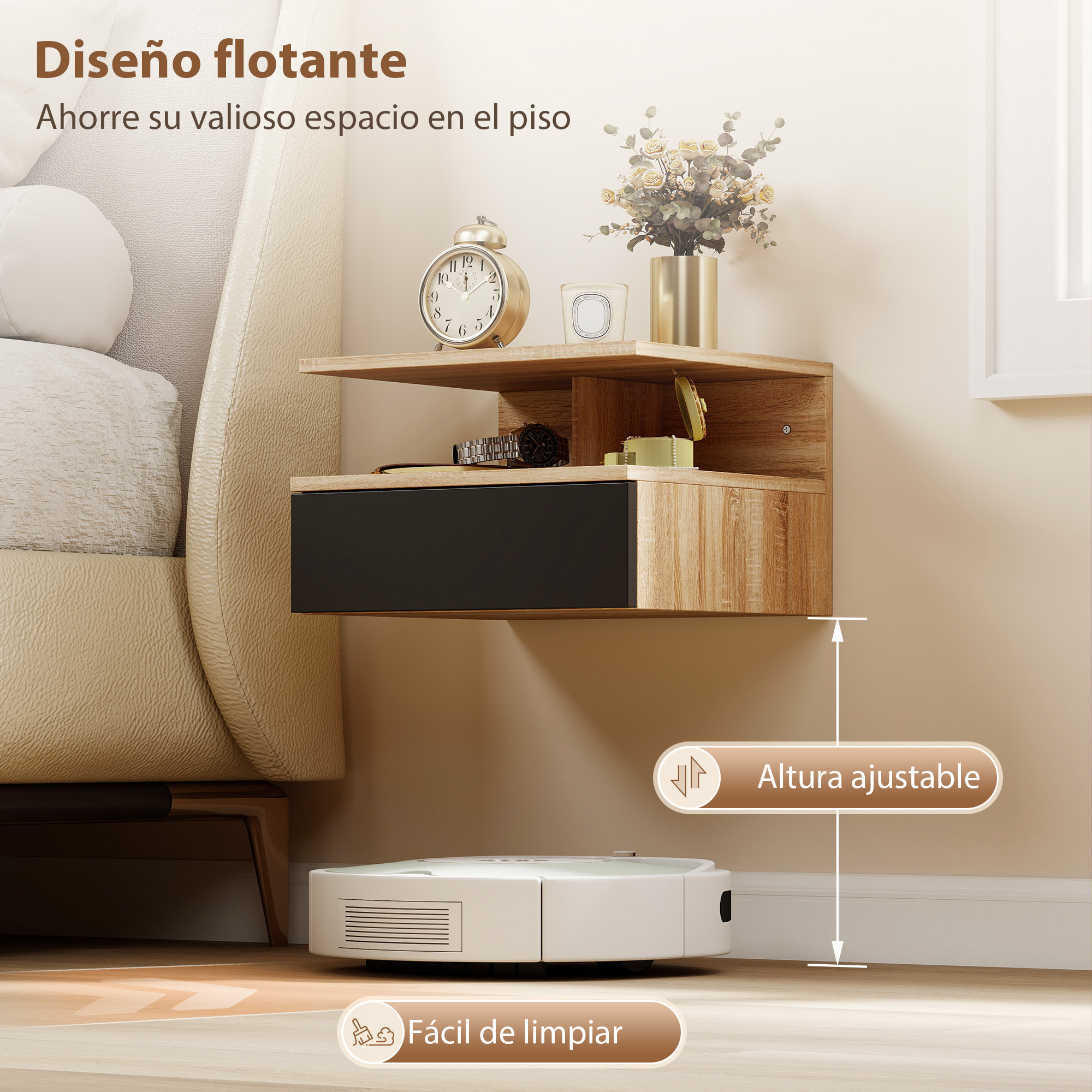 Juego de 2 Mesitas de Noche Flotantes con Cajón, Mesillas de Noche Dormitorio, Montado en la Pared, Estilo Moderno, para Sala de Estar, 35x32x22,5 cm, Roble y Negro