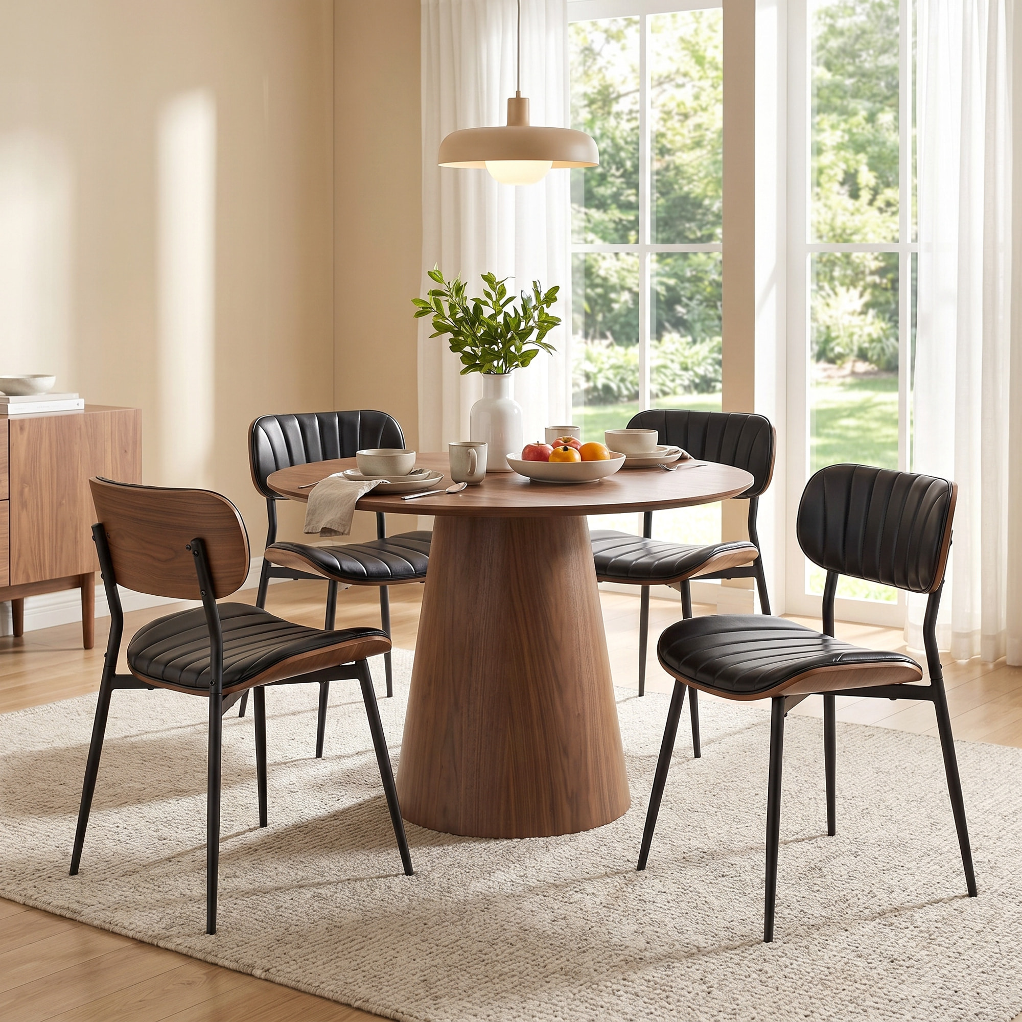 Pack de 2 Sillas de Comedor, Sillas de Cocina Modernas, Tapizadas de Cuero Sintético, Respaldo Curvo, Asiento Acolchado, Estructura de Madera Curvada y Patas Metálicas, Negro y Marrón