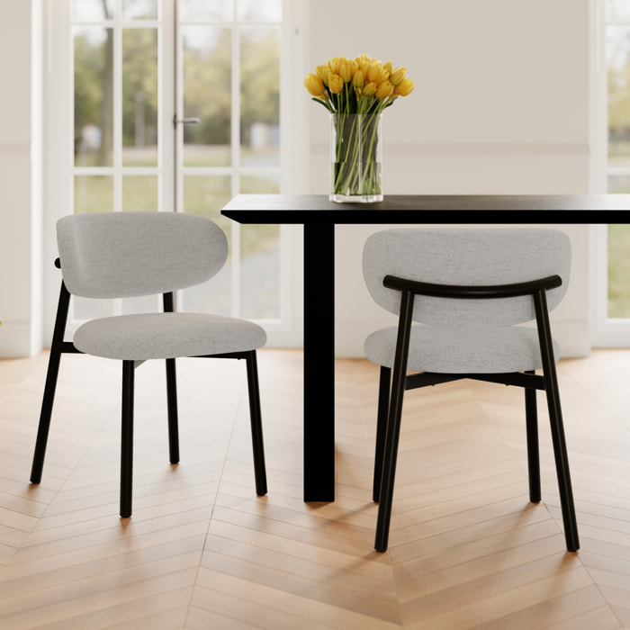 Lot de 2 chaises en tissu gris clair chiné et pieds en métal noir - Nao