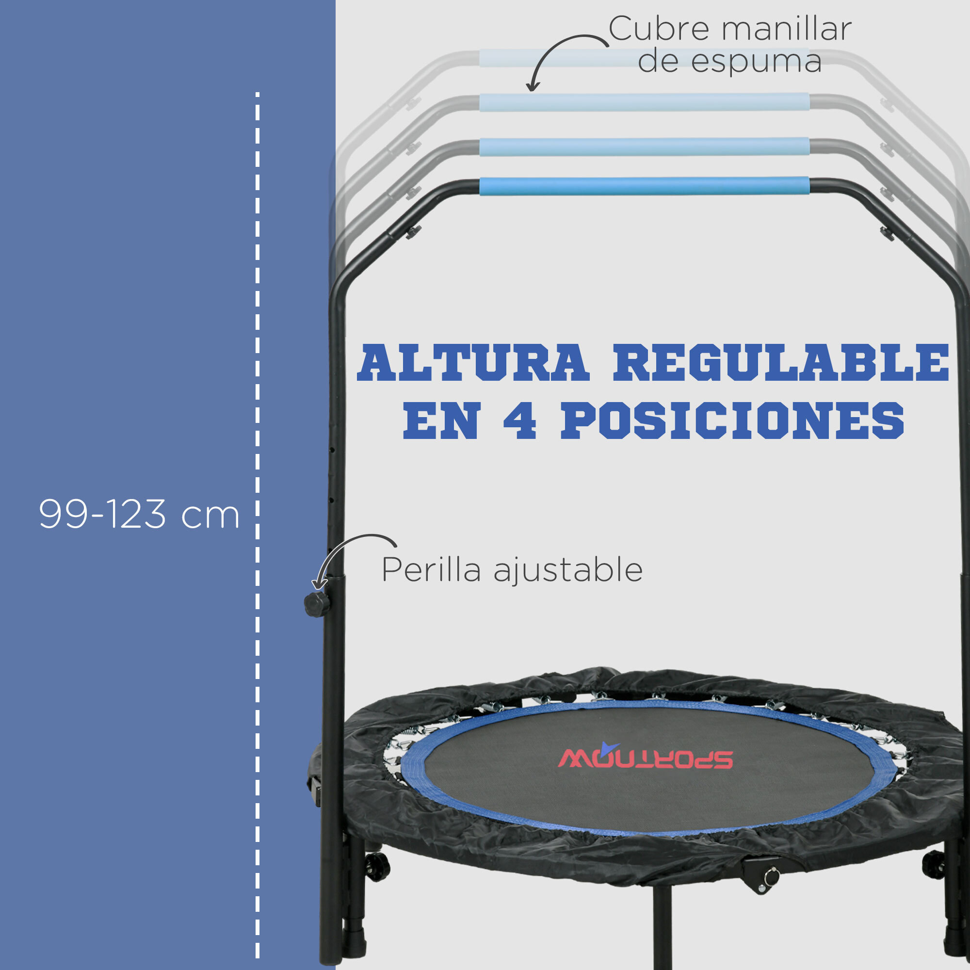 Trampolín de Fitness Ø102 cm Cama Elástica Plegable con Mango Ajustable de 4 Niveles Marco de Acero para Entrenamiento Piernas Cuerpo en Hogar Oficina Gimnasio Azul