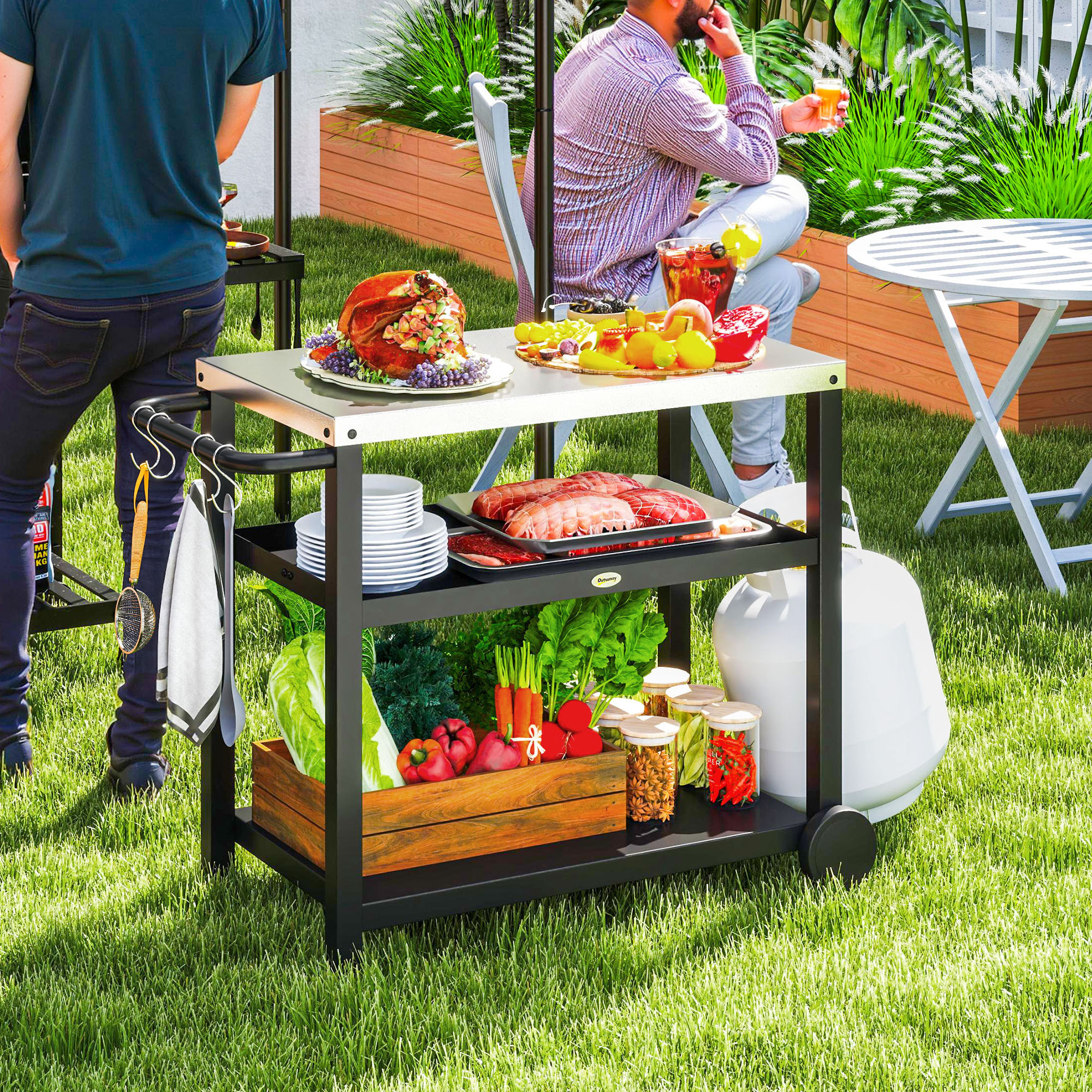 Carrito de Parrilla de 3 Niveles Carrito de Barbacoa Carro de Servicio con 2 Ruedas Estantes Encimera de Acero Inoxidable y Asa Mesa de Horno de Pizza para Jardín Patio Gris Carbón