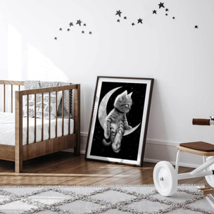 Affiche enfant chat rêveur  Affiche + cadre en bois - Noir